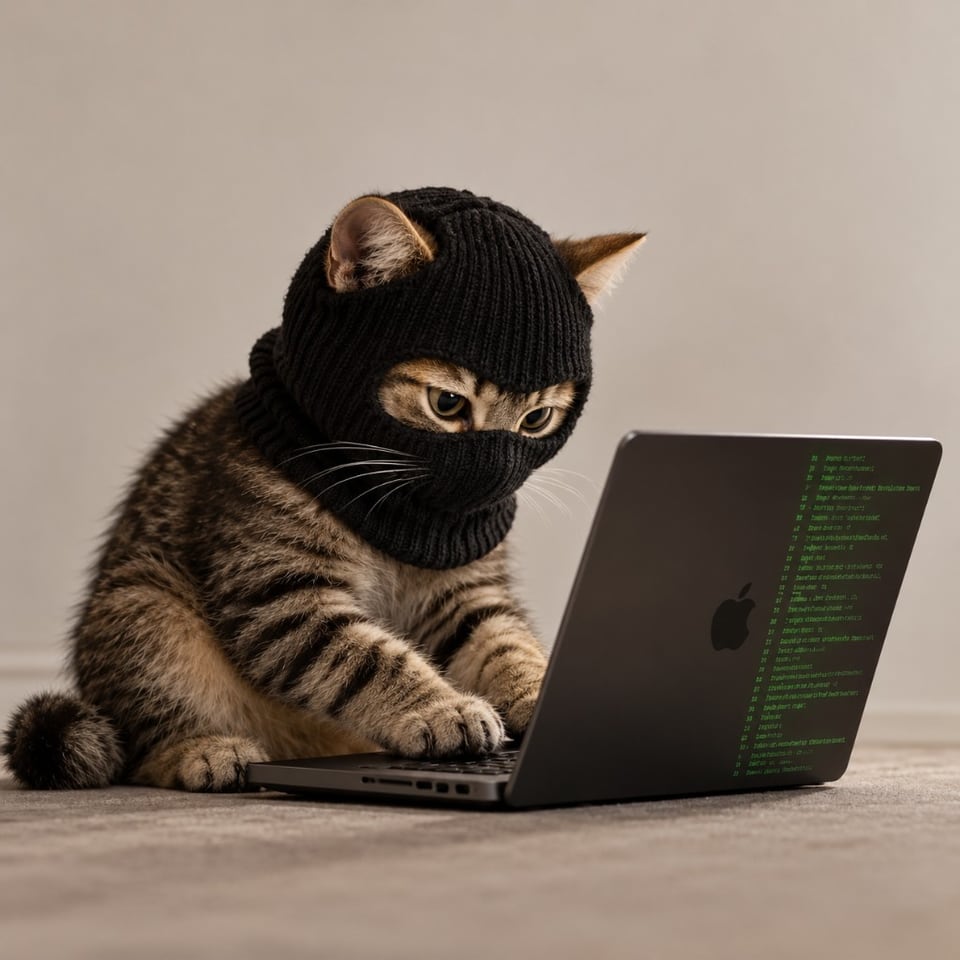 Masked hacker cat at a laptop